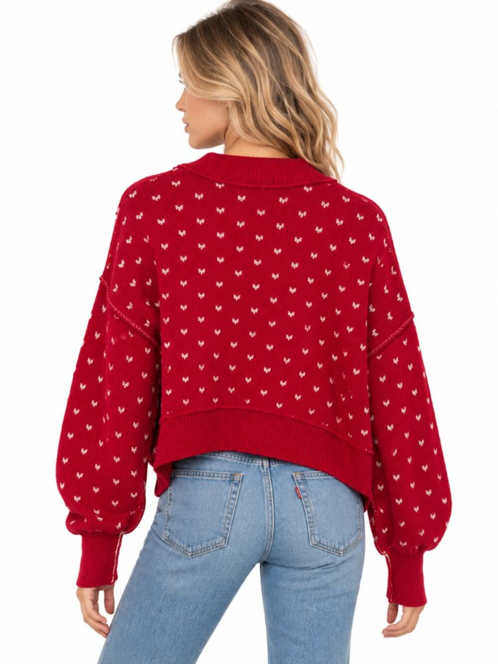 Free People Pattern Easy Street Crop Sweater Red White Dot Mock Neck Medium